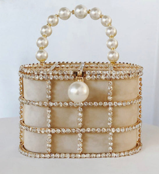 PRE-ORDER Champagne Luxury Pearl and Crystal Cage Bag
