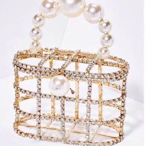 Rhinestones Big Pearls Metal Cage Clutch, White / L13 x W13 x H15cm