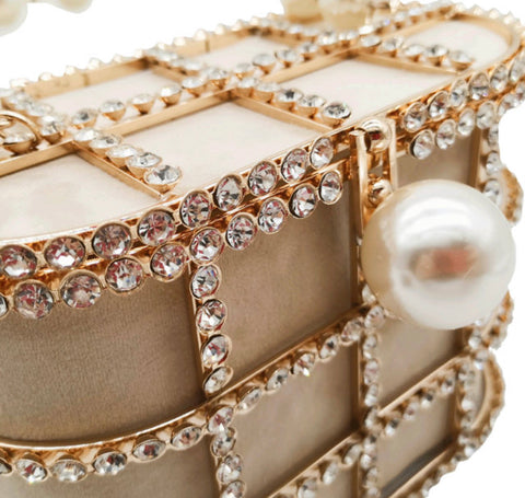 PRE-ORDER Luxury Nude Pearl and Crystal Cage Bag
