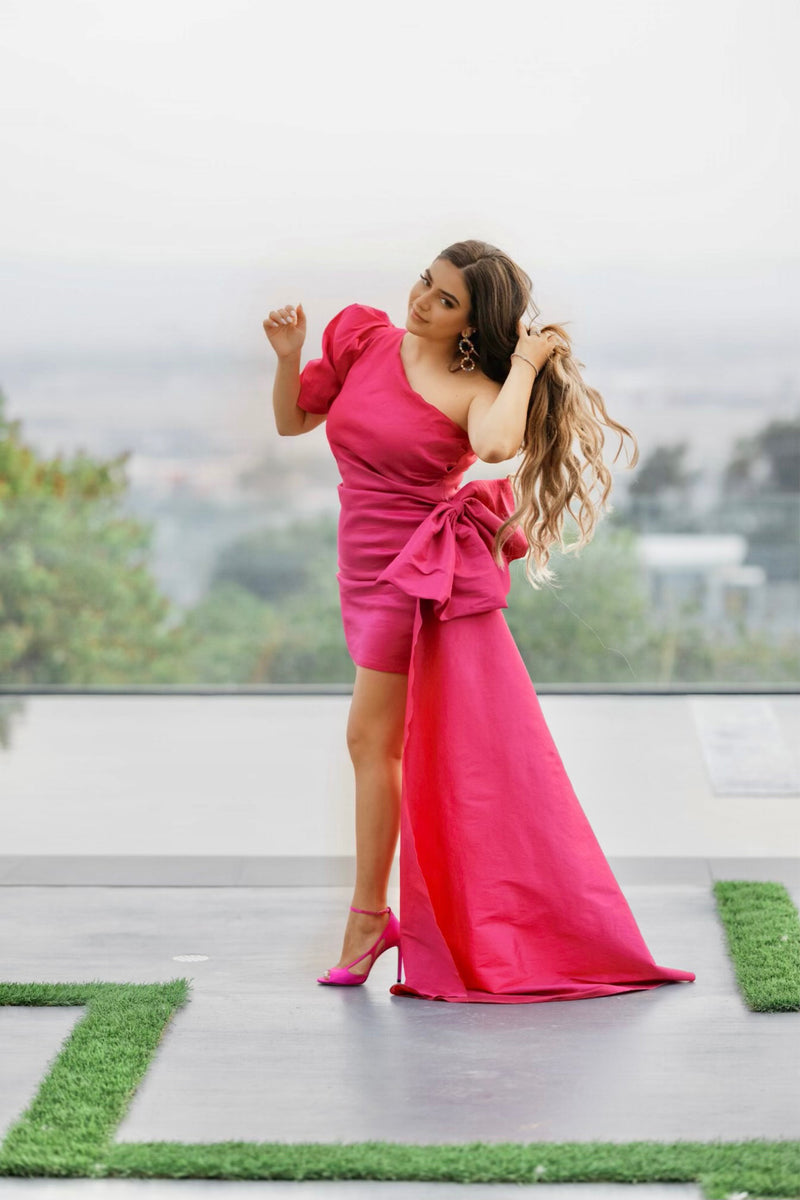 PUFF SLEEVE DRESS WITH DETACHABLE BOW ISABELLA COUTURE PUFF SLEEVE DRESS WITH DETACHABLE BOW ISABELLA COUTURE